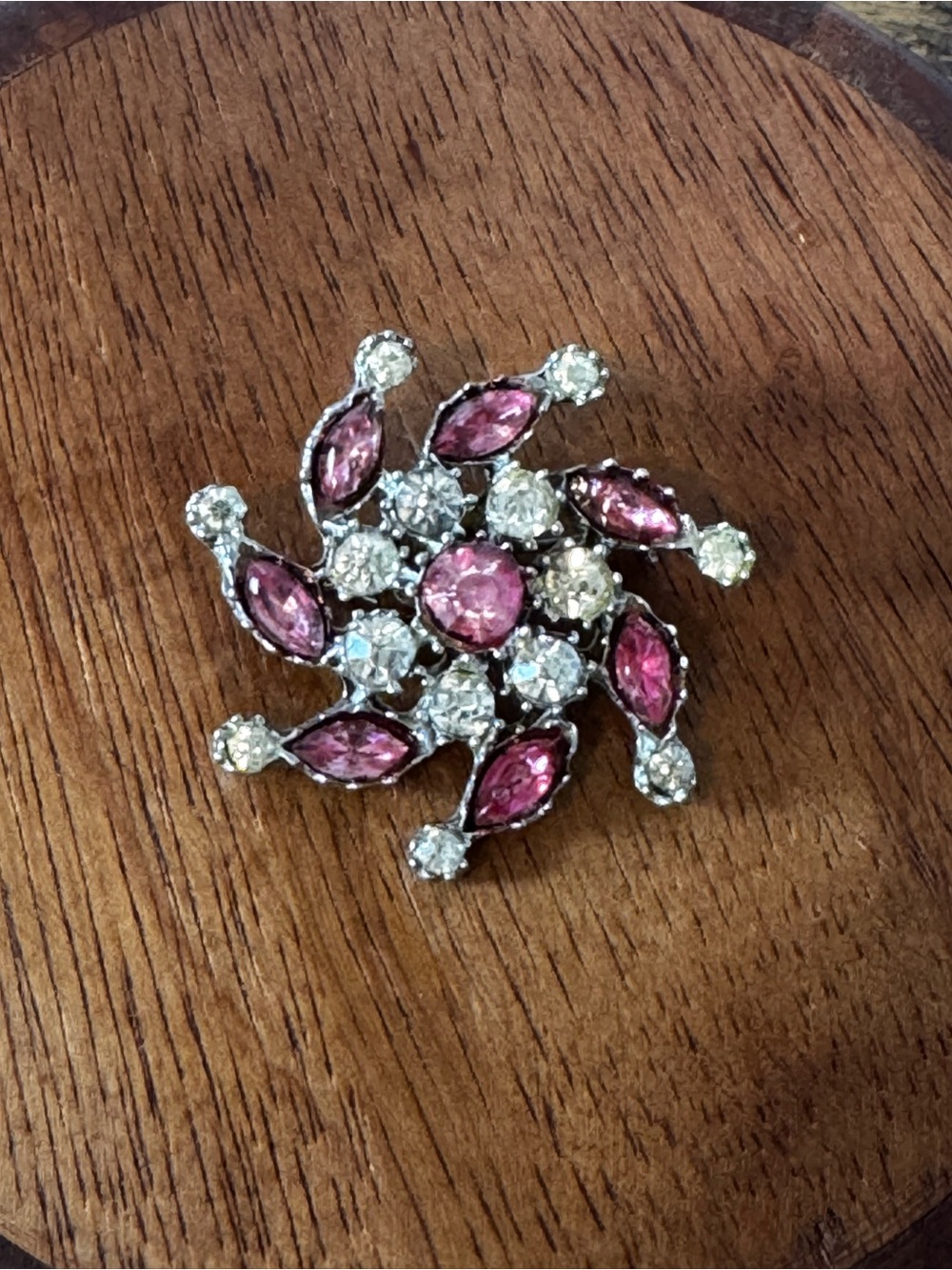 Pink and Clear Stone Brooch - Silver Tone